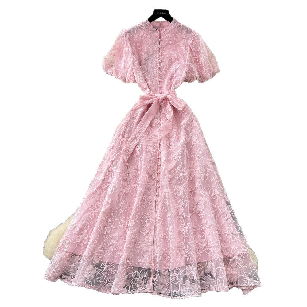 Elegant lace embroidered maxi dress for women - high waist a-line, perfect for summer, work, and evening events