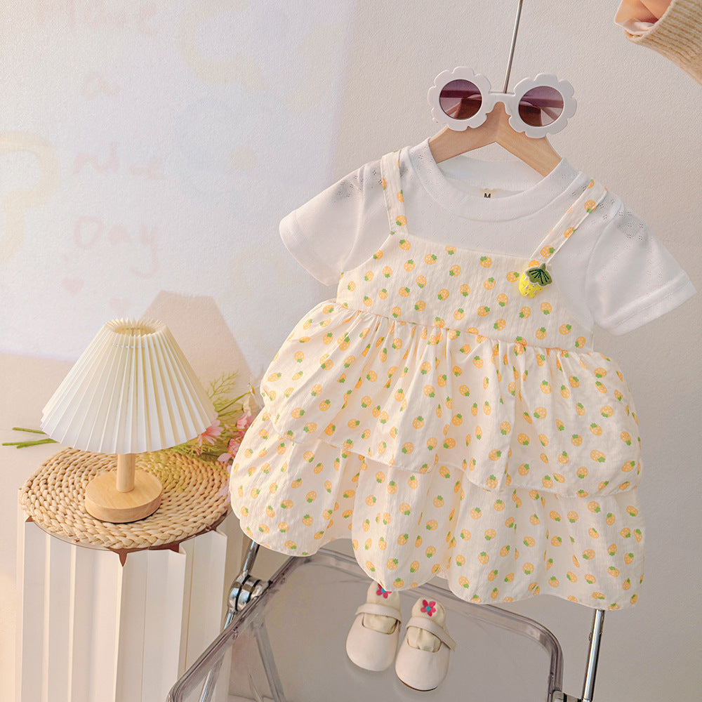 summer cute kids' clothing baby toddler cartoon strawberry print faux two-piece girls' versatile short-sleeve dress