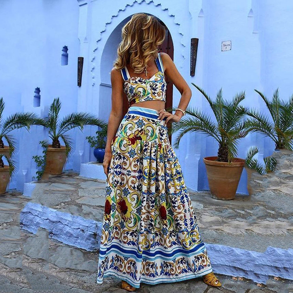 2025 spring/summer new european and american style women's sexy & chic camisole print dress set - beach dress two-piece outfit