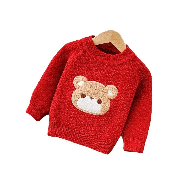 24winter christmas kidssweater chenille thickened boys and girls cartoon bear new year's greetings knittingsuit