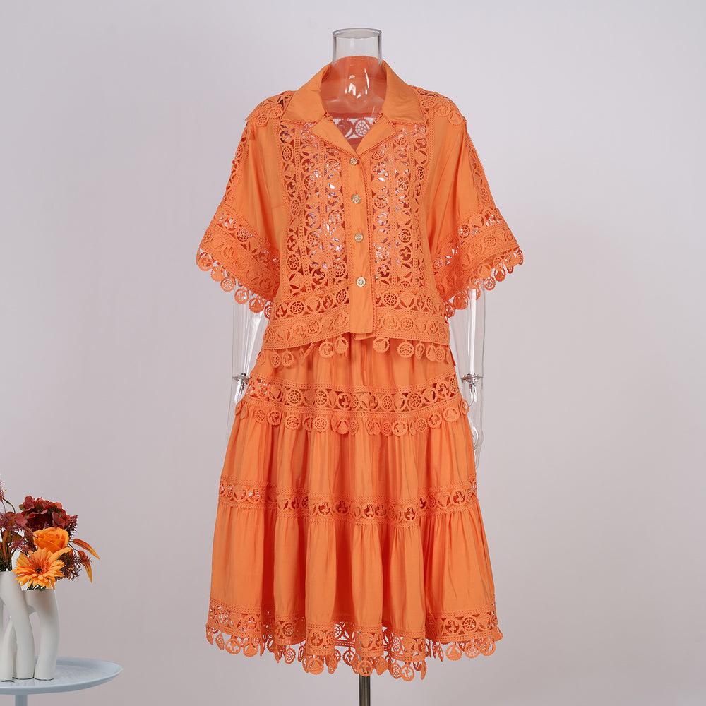Fashionexportfrench palace style lacecut out crochet shorttopshigh waistlacepatchwork skirtsuit