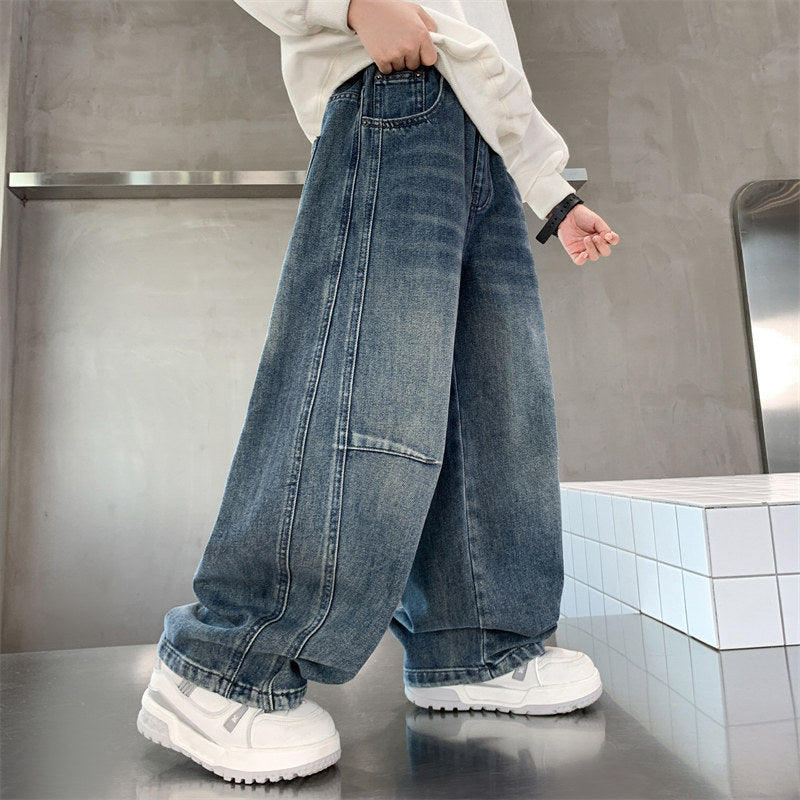 Boys' spring/autumn denim jeans -  new style casual pants for boys, loose fit, middle to big kids, scimitar cut
