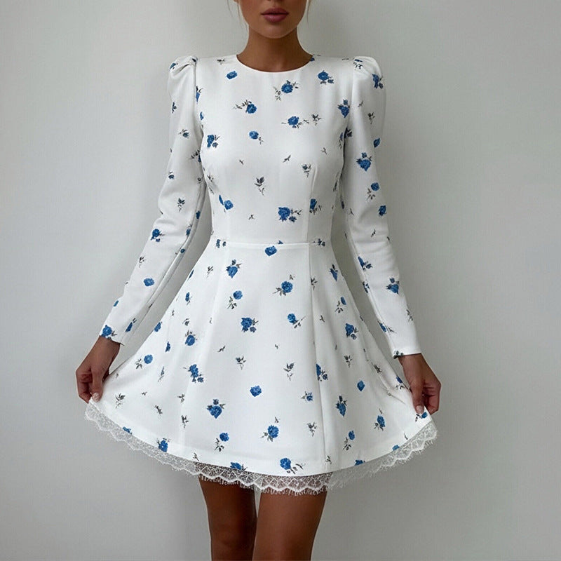 summer new women's fashion: european and american cross-border dress - printed lace-trimmed a-line long-sleeve mini dress