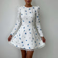 summer new women's fashion: european and american cross-border dress - printed lace-trimmed a-line long-sleeve mini dress