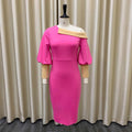 D236 new arrivalfashion color matching hip-covering off-shoulder puff sleeves elegant silmolplus sizeexportdress