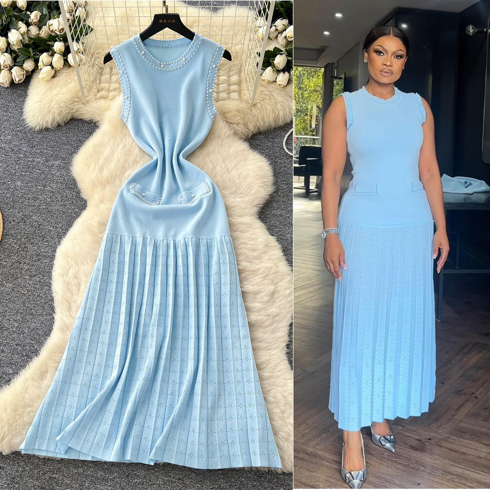 Frenchaccessible luxury celebrity heavy industry beading round neck sleeveless dress women's summer waist elegant knitting vest long skirt