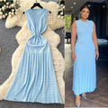 Frenchaccessible luxury celebrity heavy industry beading round neck sleeveless dress women's summer waist elegant knitting vest long skirt