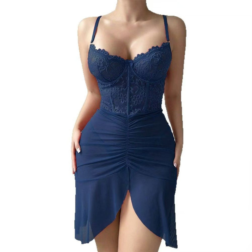 new black lingerie set: sexy sheer lace babydoll with slit maxi skirt and bodycon panties