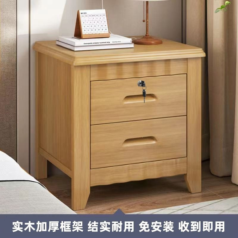 Solid wood bedside table for home bedroom, lockable storage cabinet, small rental room bedside storage chest, no assembly required