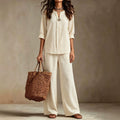 european and american plus size off-white v-neck mid-sleeve two-piece set: relaxed fit top and wide-leg pants