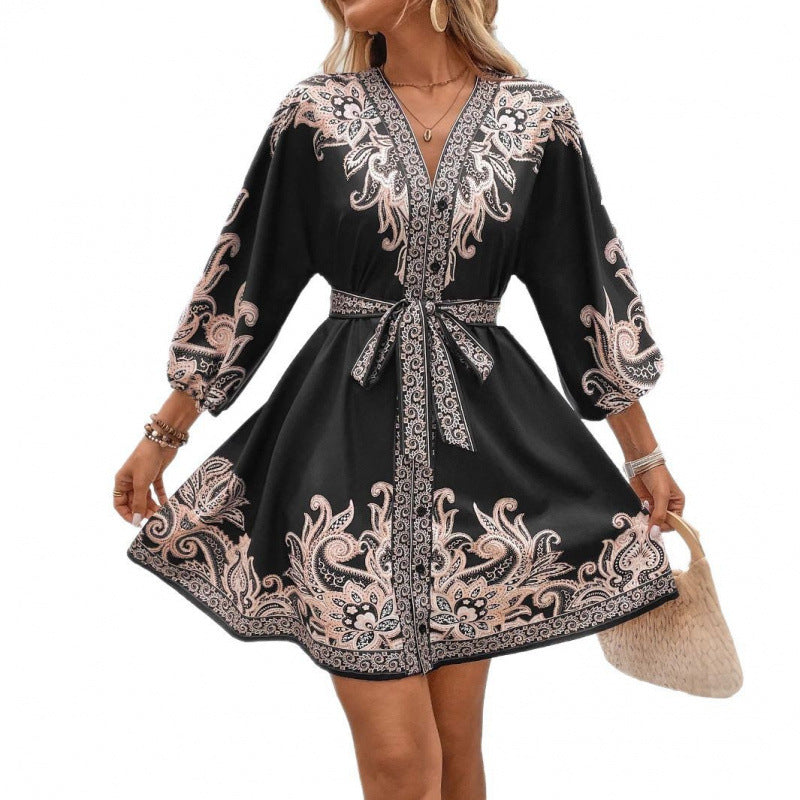 fashionexport women's summernew arrivalprintingv neckthree-quarter sleevestie back waist dress