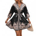 fashionexport women's summernew arrivalprintingv neckthree-quarter sleevestie back waist dress