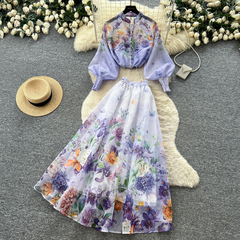 French romantic floral print lantern sleeve blouse and high-waisted midi skirt two-piece set - autumn chic, socialite style