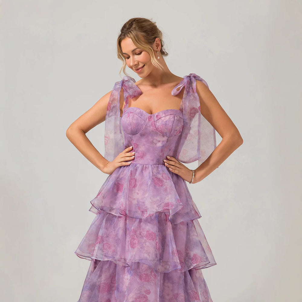 spring/summer new european and american sleeveless fashion floral camisole off-the-shoulder tie-up maxi dress in organza