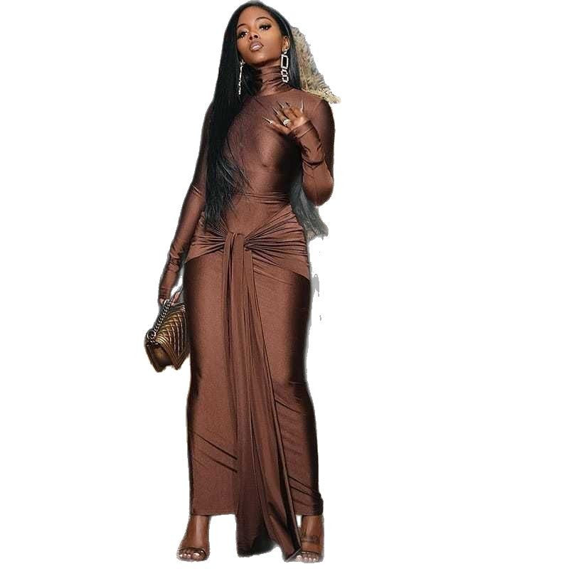 European and American new solid color sexy slim-fitting turtleneck long-sleeved lace-up streamer hip-wrapped dress women's clothing