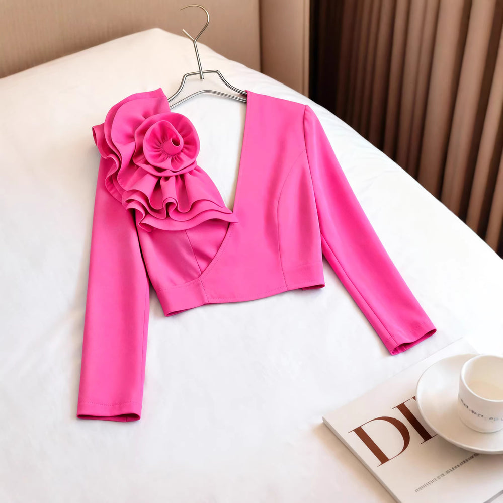 export 3d floral v-neck sexy top - designer cutout waist tie-up short party long sleeve shirt tops