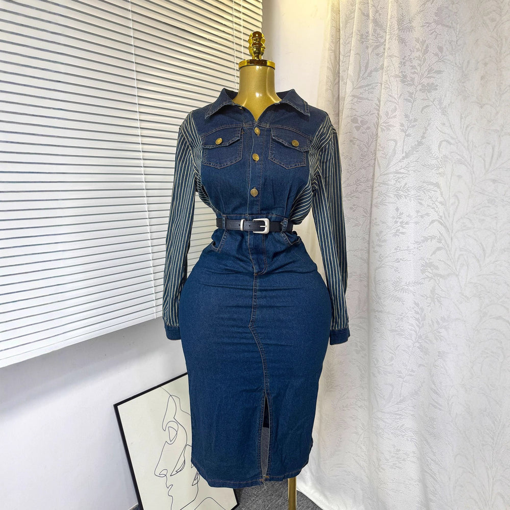 French-inspired, niche long-sleeved striped denim dress with a collared neckline, metal button detailing, a fitted waist, and a stylish slit