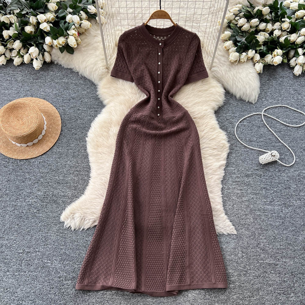 French chic dress for women, spring  new collection, high-end socialite style, beaded round neck, cinched waist, knitted maxi dress