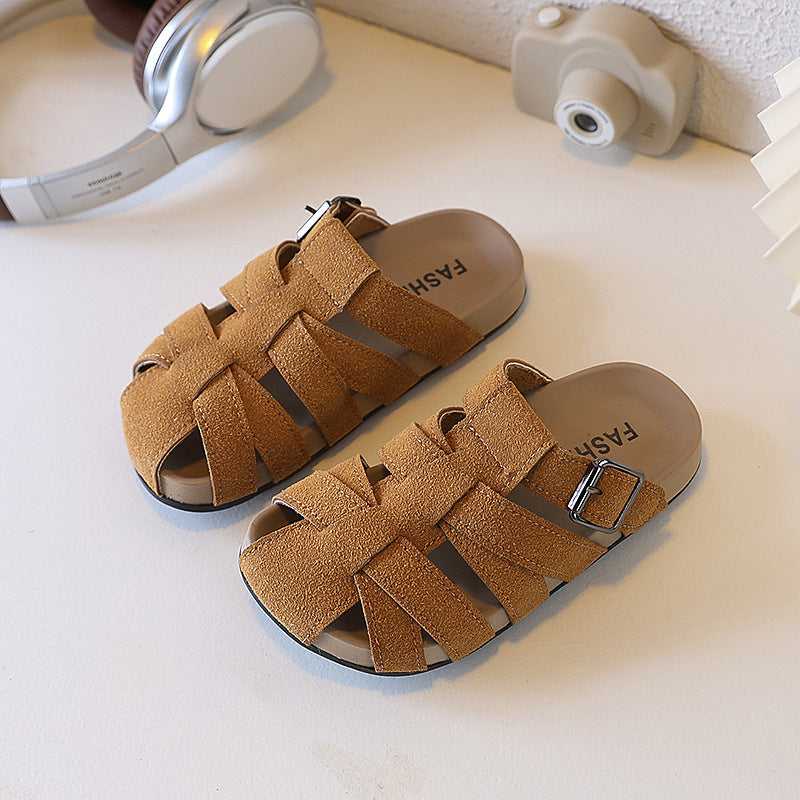 Kids baotou cut out half slippers girlsthick sole soft bottom slip-on outwear sandals plaidk-style birkenstock sandals