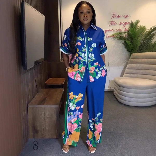 European and American women's clothing short-sleeved lapel printed cardigan shirt casual trousers women's African large size fashion foreign style two-piece set