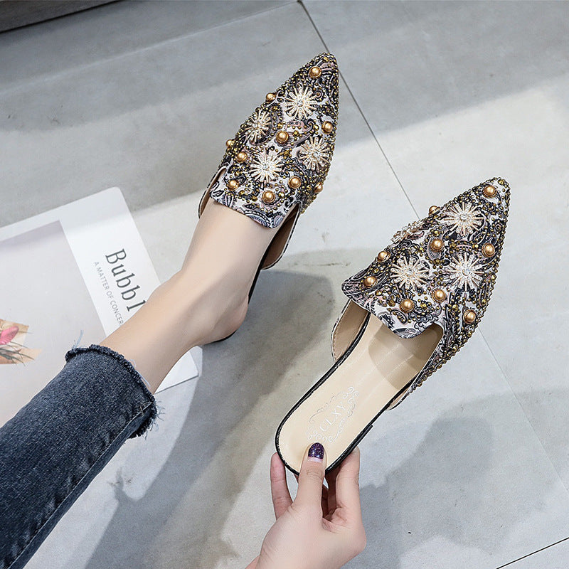 European station 2024 spring/summer new sexy printed rhinestone studded pearl pointed toe closed-toe thong sandals