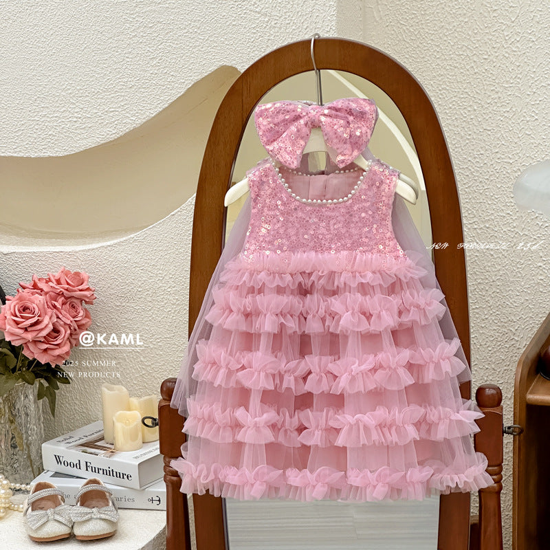 Girls' dress  summer new style chic little girl sequin vest dress pearl collar cake skirt trendy