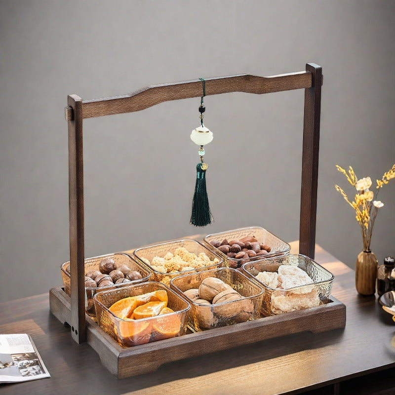Luxury walnut wood-effect fruit & snack platter - home use, divided compartments, creative dried fruit dish, dessert glass bowl & fruit plate