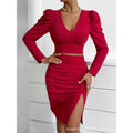 Women's  autumn new arrival: v-neck, figure-flattering, slit-back, solid color, long-sleeve two-piece set
