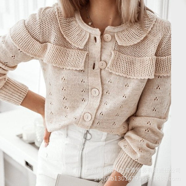 ODT091 Spot Foreign Trade-2022 European and American Women's Clothing New Crew Neck Button Fungus Edge Top Cardigan