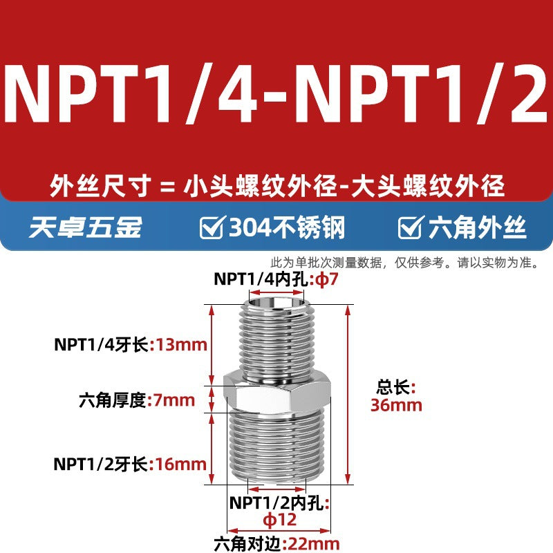 304 stainless steel hexagonal outer wire high pressure thickened direct joint double head external thread variable diameter head 2 points 4 points pair wire