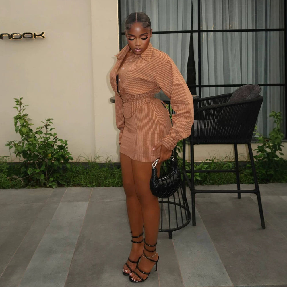 European and american cross-border women's fashion:  summer new collection - stylish notch lapel slim-fit striped long sleeve blouse and midi skirt set