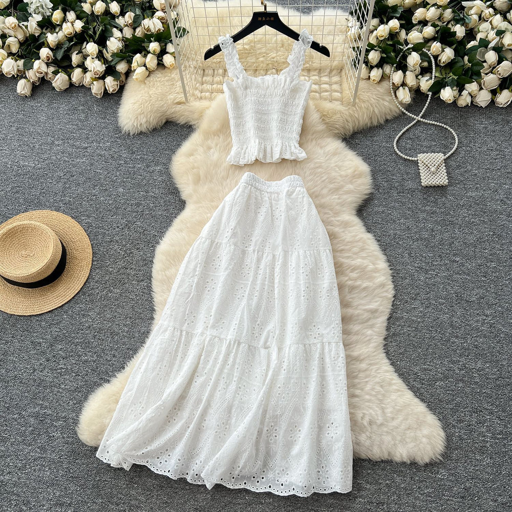 Super fairy vacation wear women's summer wear pure desire elastic silm camisole cut outembroiderhigh waist skirt suit