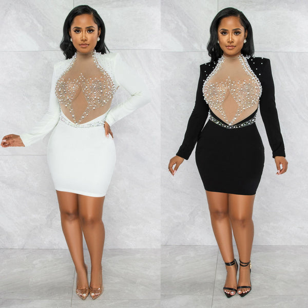 VK2349 European and American sexy, hot diamond pearl long-sleeved perspective dress nightclub dress