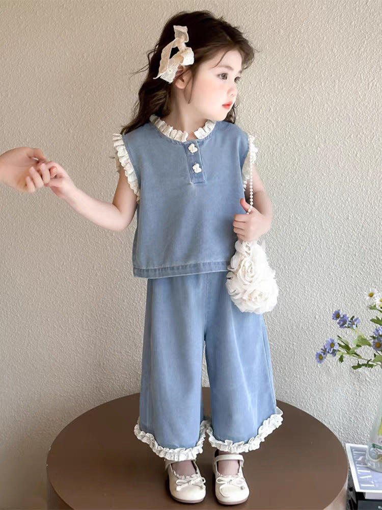 【dropshipping】girls' summer denim outfit  new style kids' tank top wide leg pants fashionable two-piece set baby
