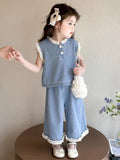 【dropshipping】girls' summer denim outfit  new style kids' tank top wide leg pants fashionable two-piece set baby