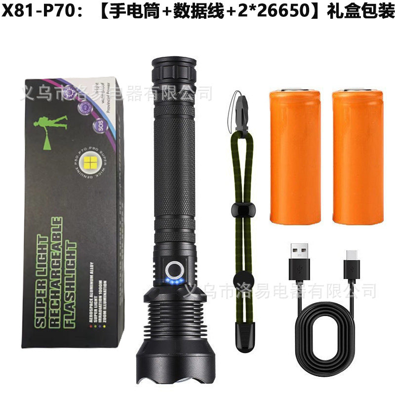 Cross-border P70 strong light flashlight electric display zoom led flashlight outdoor high-power aluminum alloy highlight flashlight