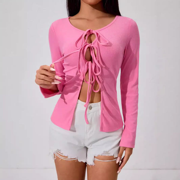 women's clothing European and American pure desire sexy wind T-shirt autumn and winter straps cardigan design sense rose red top