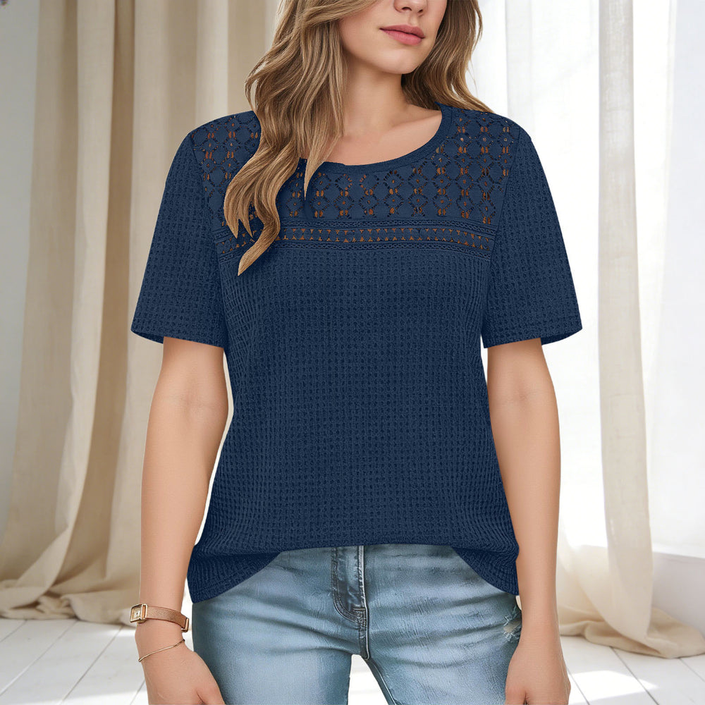 european and american  cross-border women's summer new arrival: mesh hollow-out breathable versatile round neck short sleeve t-shirt top
