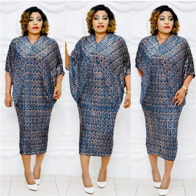 supply hot stamping heavy industry pleated v neck bat sleeve looseclassy sense dress big sale