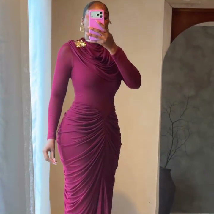 European and american cross-border women's spring  new arrival: elegant solid color, designer slim-fit pleated bodycon maxi dress