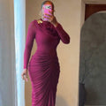 European and american cross-border women's spring  new arrival: elegant solid color, designer slim-fit pleated bodycon maxi dress