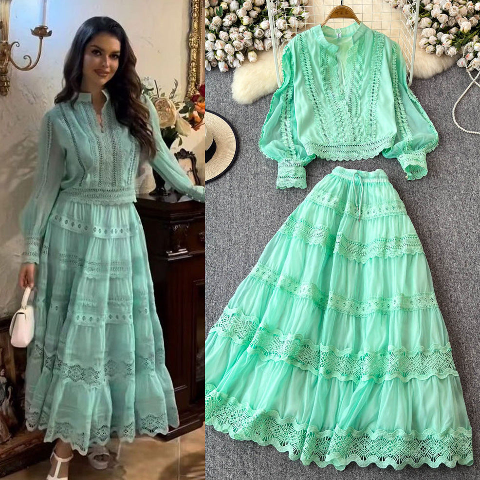 autumn socialite style lantern sleeve long-sleeve hollow-out lace patchwork blouse + a-line midi skirt set dress for women