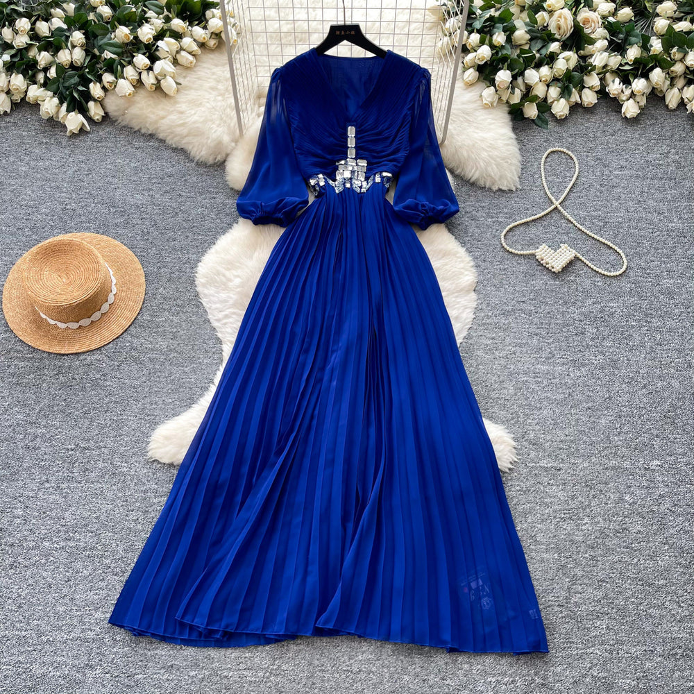 French chic red v-neck lantern sleeve dress - women's summer lightweight, breathable, slimming, elegant pleated maxi dress