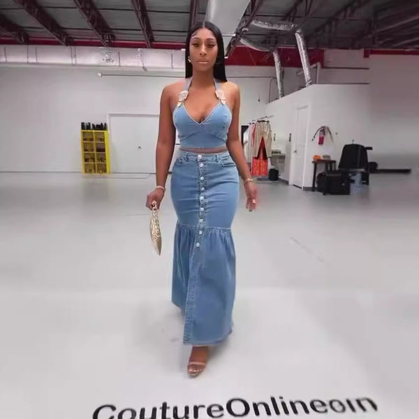 's new  European and American micro-bullet suspender low-cut denim set button long skirt set wholesale