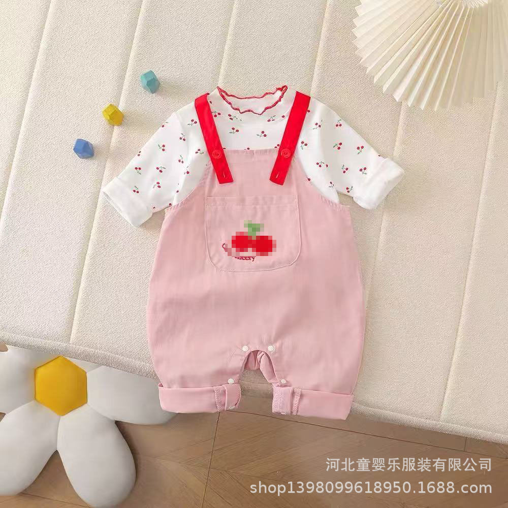 Autumn cherry two-piece overalls set - girls' outfit, new cartoon style, korean fashion, cute baby