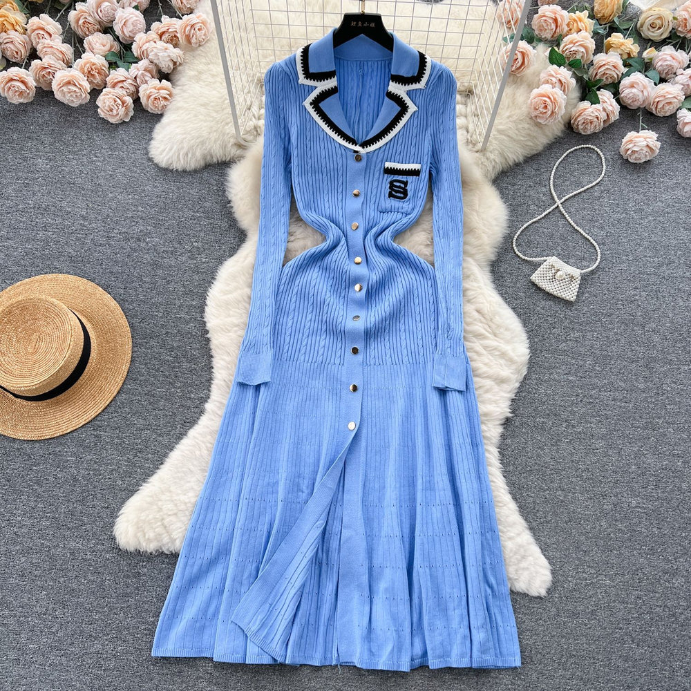 Xiaoxiangfengknittingdress women's fall and winternew arrival women's bottom skirtelegant waist contrast colorembroidersweaterlong skirt