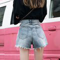 Trendy denim shorts for women, new arrival, korean style, fashionable ripped and frayed hem, washed high-waisted loose wide-leg pants