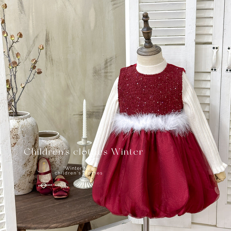 Girls' chic tweed-style patchwork mesh fleece-trimmed tulip skirt & versatile sweater two-piece set - trendy style