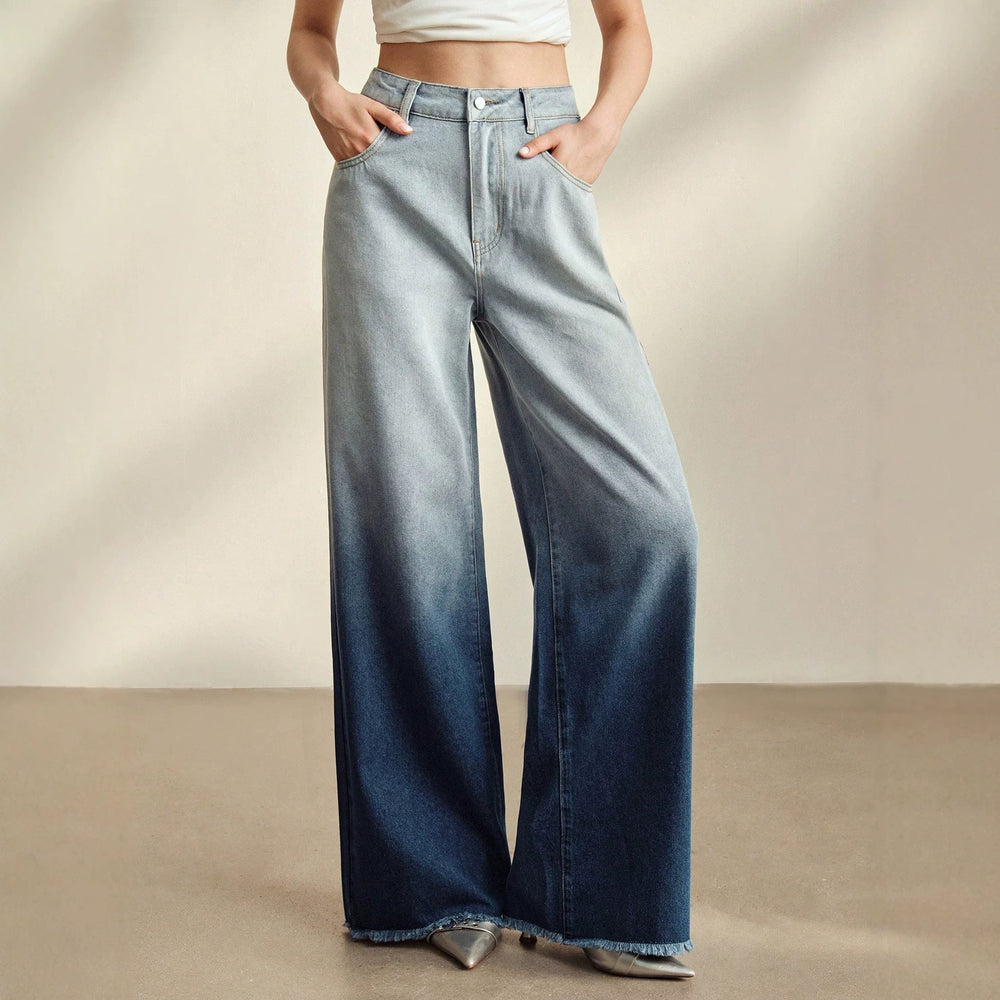 European and american style women's gradient washed denim wide leg jeans - relaxed fit, straight leg, slimming effect