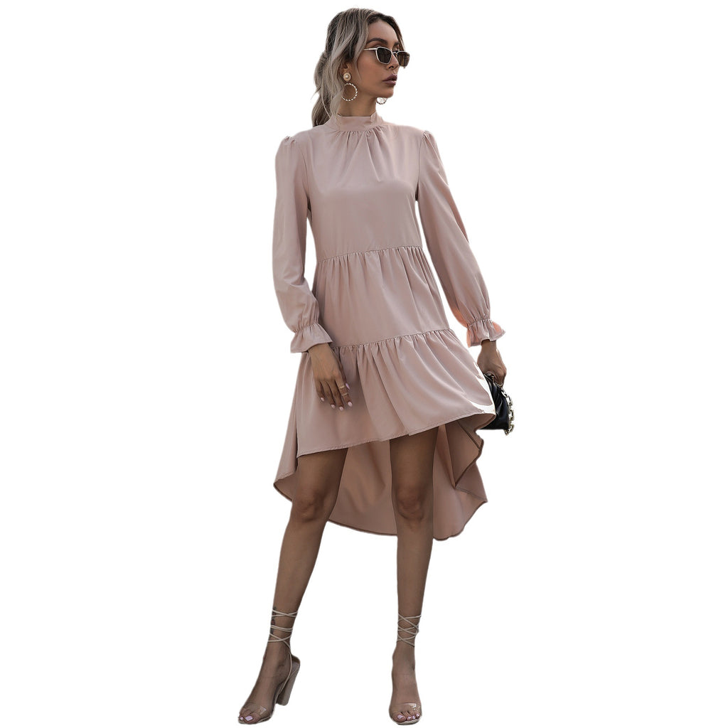 Europe, America, hot-selling  independent station  fashion women's clothing solid color long-sleeved irregular semi-turtleneck dress